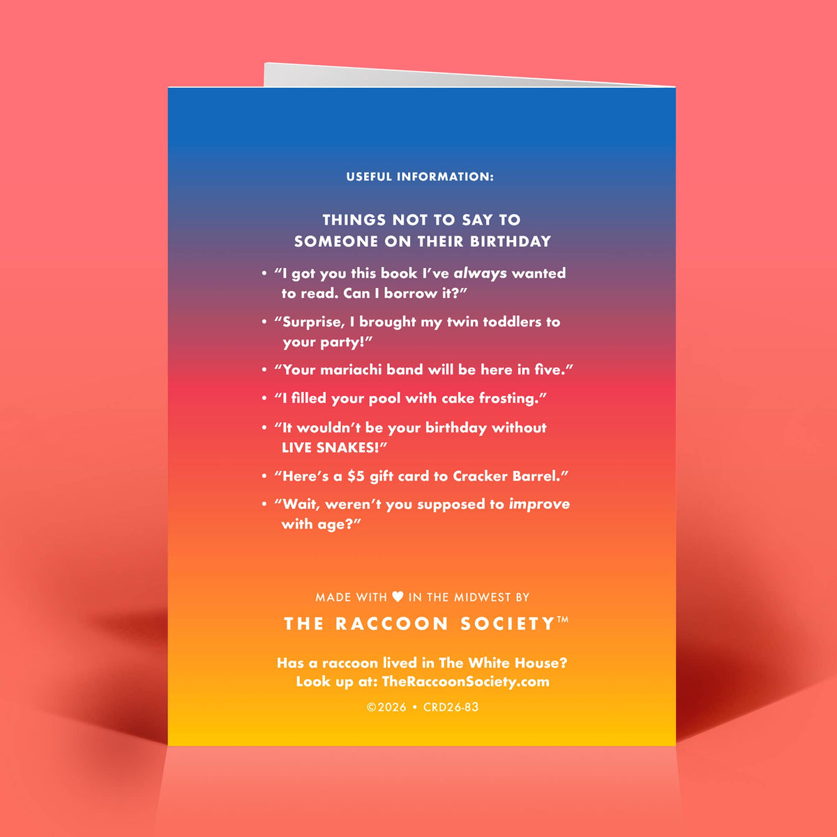 Mellow Monkey birthday greeting card with a blue to orange gradient background and humorous text in white font.