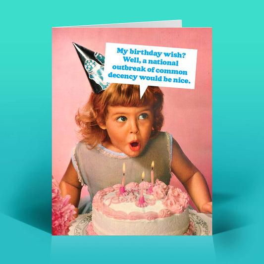 Mellow Monkey birthday card featuring a vintage girl in a party hat blowing out candles on a pink frosted cake.