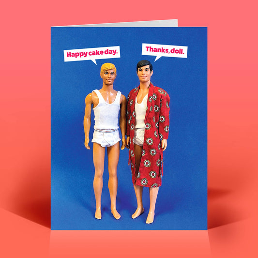 Mellow Monkey Thanks, Doll birthday greeting card featuring two male dolls on a blue background with speech bubbles.
