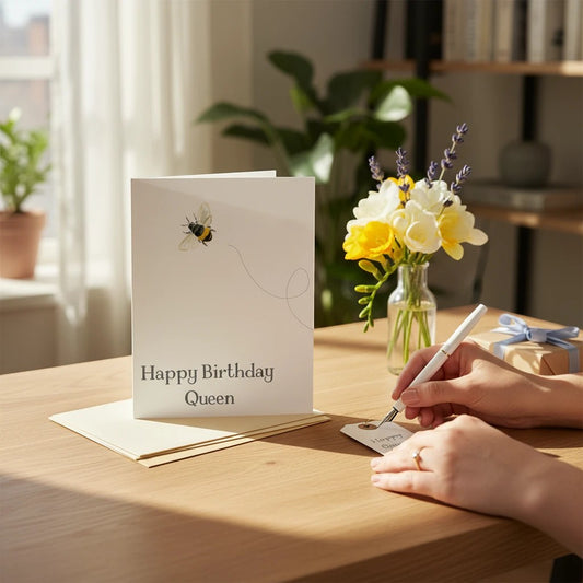 Mellow Monkey Happy Birthday Queen greeting card with bee art, blank inside, printed on FSC-certified paper.