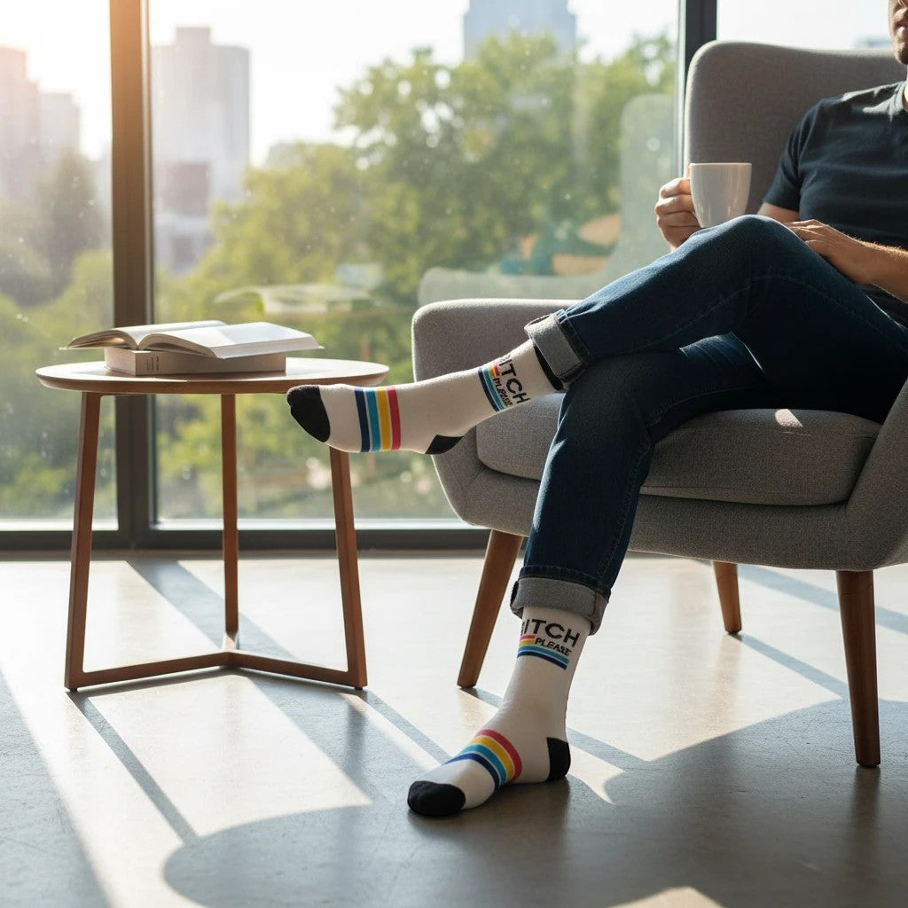 Mellow Monkey white crew socks with Bitch Please text and retro stripes worn by a man sitting in a chair.
