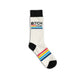 Mellow Monkey white crew socks with Bitch Please text and retro pink, yellow, and blue stripes on a cotton blend.