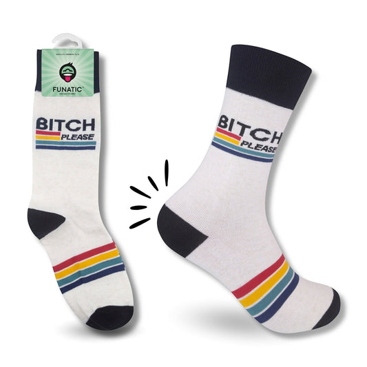 Mellow Monkey white crew socks with Bitch Please text and retro pink, yellow, and blue stripes on a soft cotton blend.