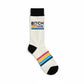 Mellow Monkey white crew socks with Bitch Please text, retro multi-colored stripes, and black cuffs, heel, and toe.