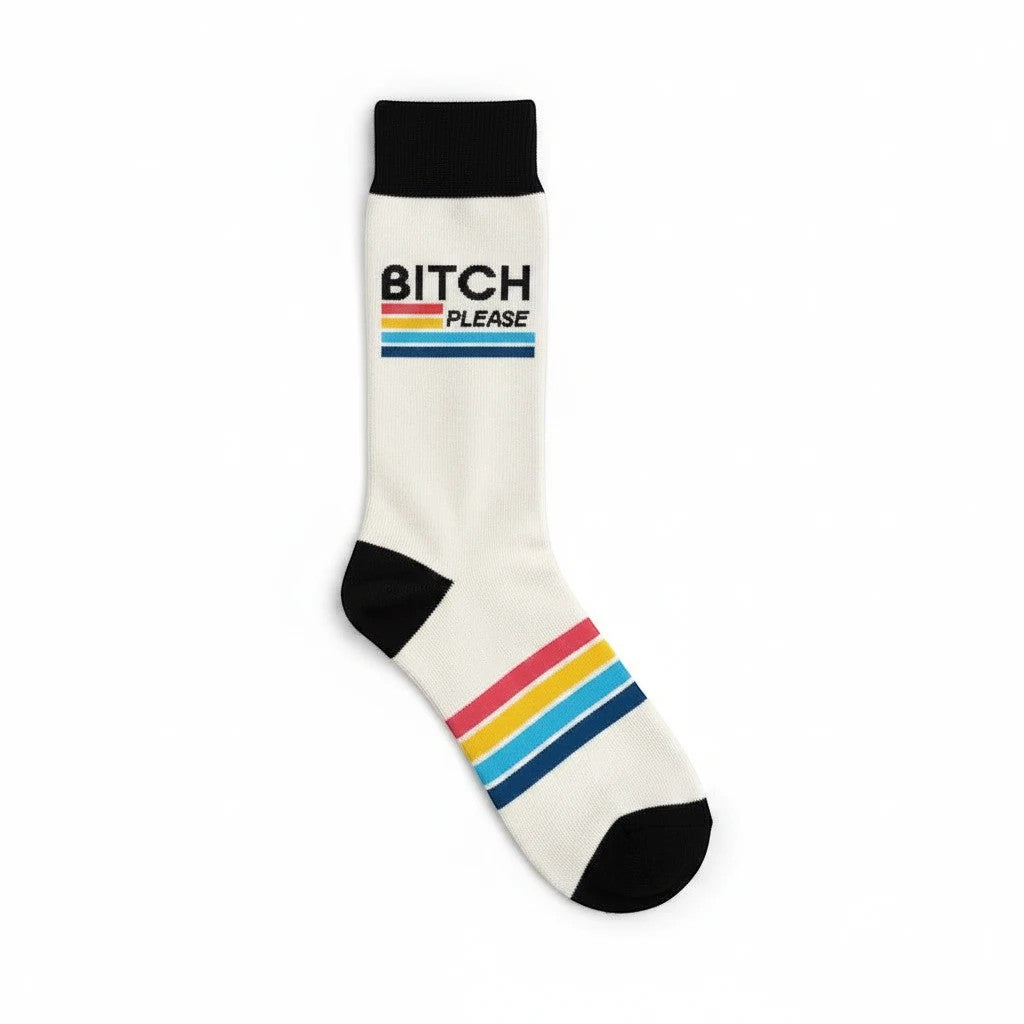 Mellow Monkey white crew socks with Bitch Please text, retro multi-colored stripes, and black cuffs, heel, and toe.