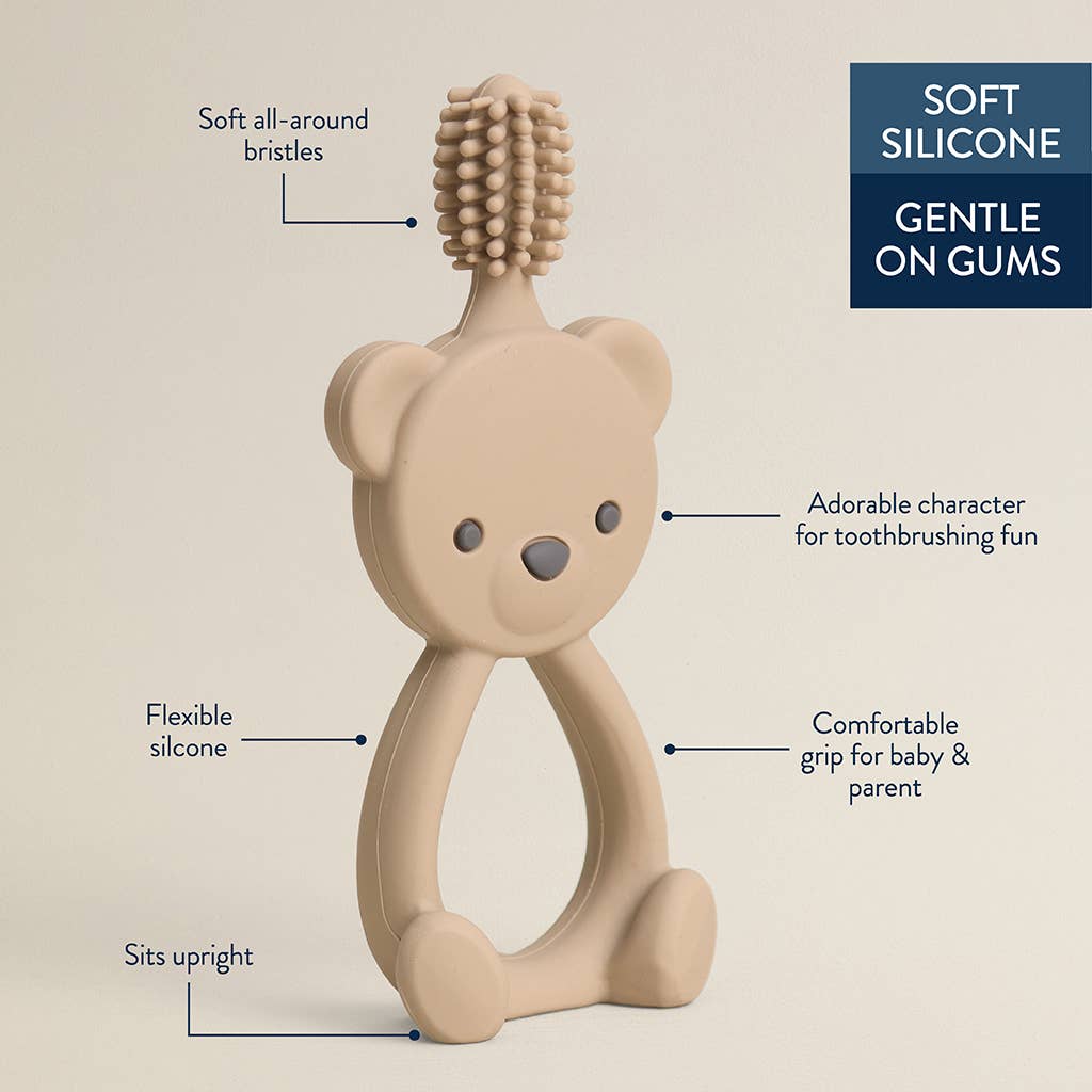 Mellow Monkey Bitzy Toothbrush in beige silicone with 360-degree bristles and a bear-shaped handle for babies.