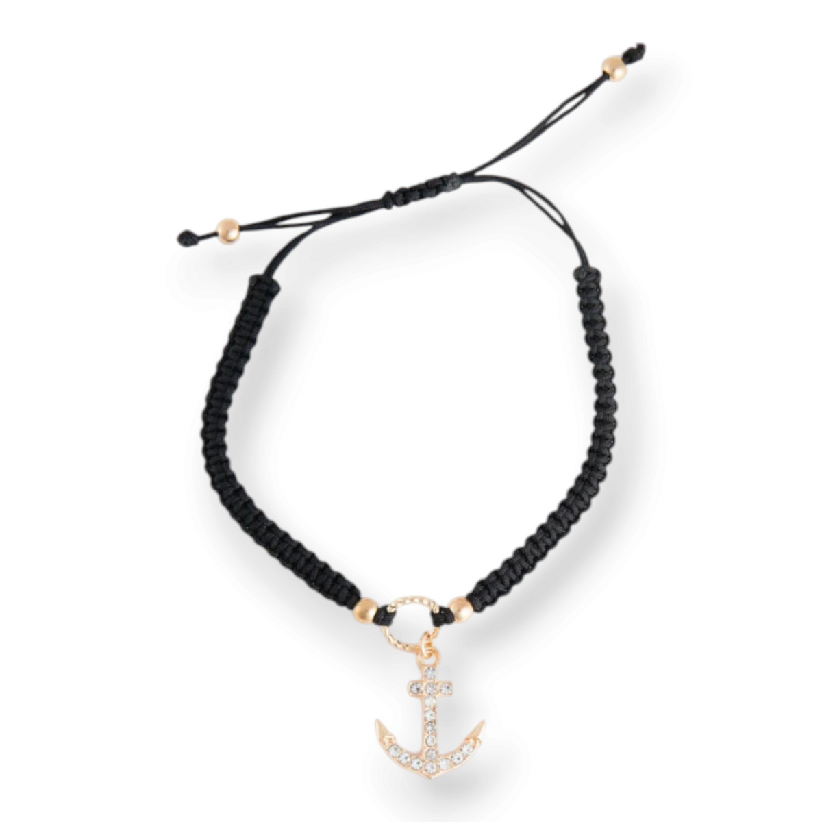 Mellow Monkey Kitt adjustable black braided bracelet featuring a gold-tone anchor charm with embedded crystals.
