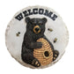 Mellow Monkey round stepping stone or wall plaque featuring a black bear with a beehive and bees on a white background.