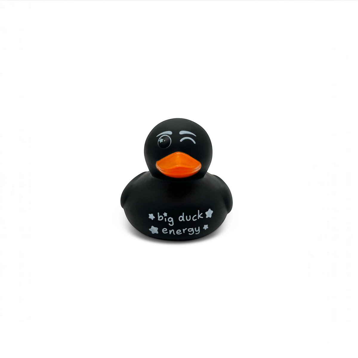 Mellow Monkey black rubber duck with orange beak featuring a winking eye and Big Duck Energy text with star accents.