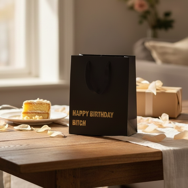 Mellow Monkey black heavy-duty gift bag with gold foil Happy Birthday Bitch text on a wooden table with cake