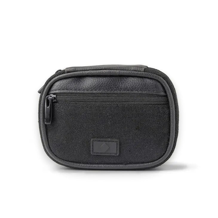 Mellow Monkey black canvas travel pill and vitamin case with zippered exterior pocket and 8 interior compartments.