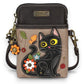 Mellow Monkey Black Cat Chala Cellphone Crossbody bag in blue-gray faux leather with applique cat, butterfly, and flowers.