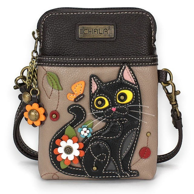 Mellow Monkey Black Cat Chala Cellphone Crossbody bag in blue-gray faux leather with applique cat, butterfly, and flowers.