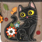 Mellow Monkey Blue Gray faux leather crossbody bag with a black cat applique, butterfly, and flowers. Adjustable strap.