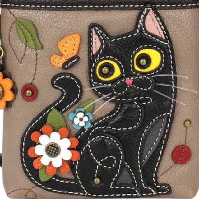 Mellow Monkey Blue Gray faux leather crossbody bag with a black cat applique, butterfly, and flowers. Adjustable strap.