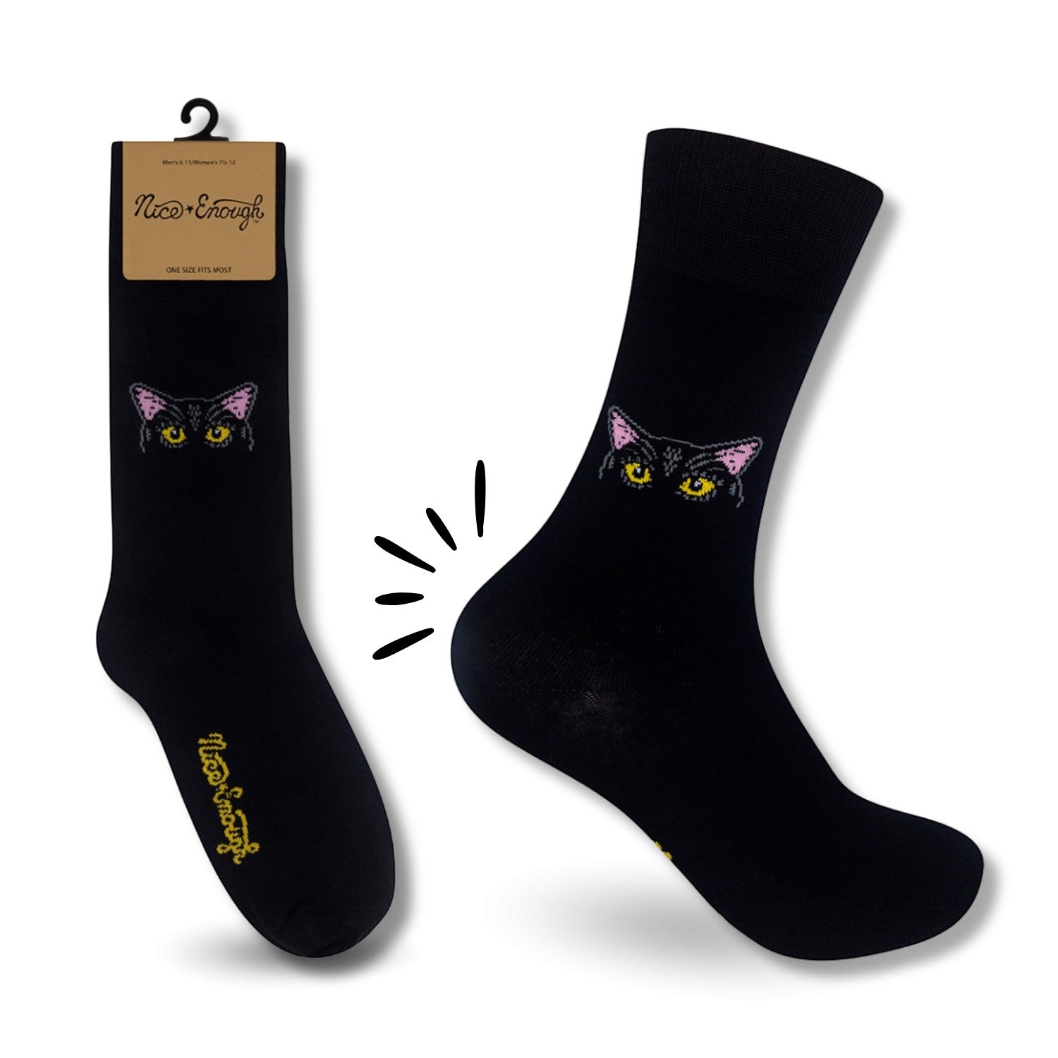 Mellow Monkey Tinker black cat novelty socks with yellow eyes and pink ears on a solid black cotton blend fabric