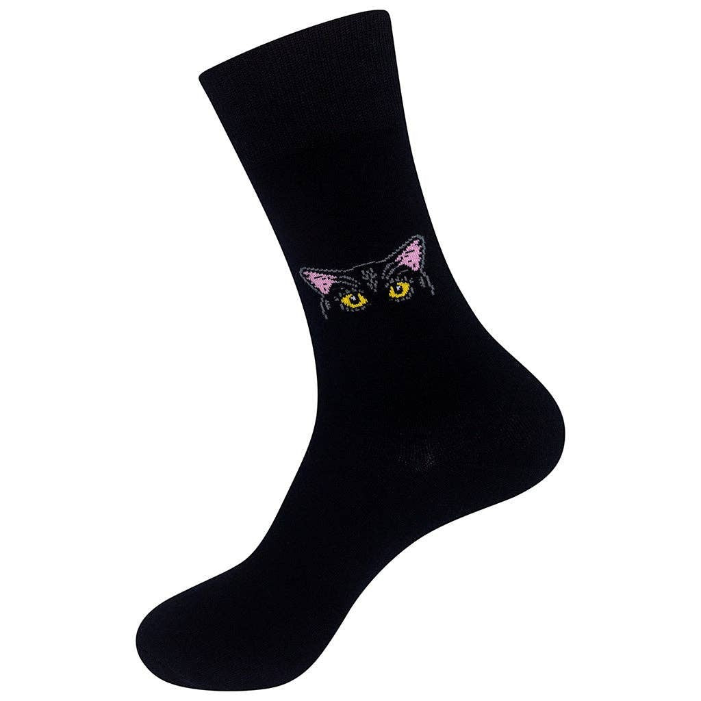 Mellow Monkey black crew socks featuring a curious black cat face with yellow eyes and pink ears