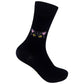 Mellow Monkey black crew socks featuring a curious black cat face with yellow eyes and pink ears on a soft cotton base