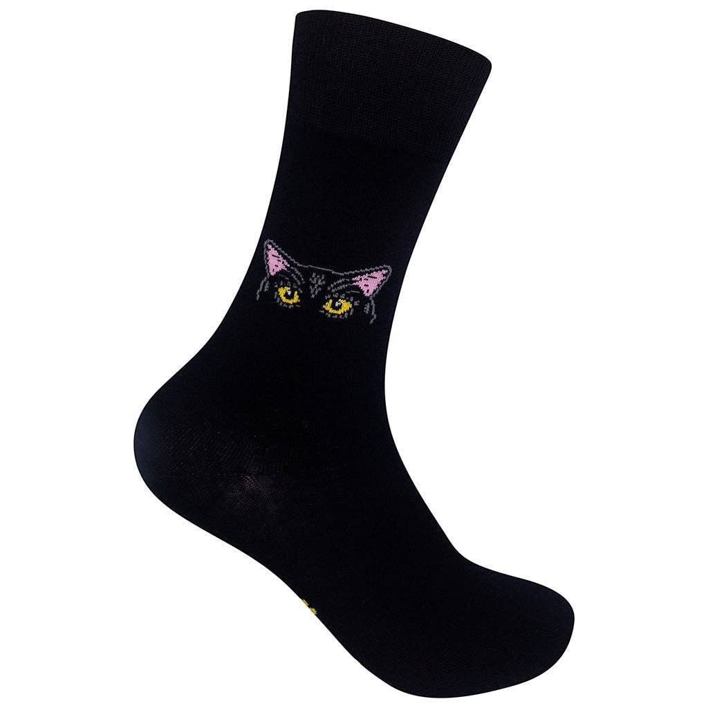 Mellow Monkey black crew socks featuring a curious black cat face with yellow eyes and pink ears on a soft cotton base