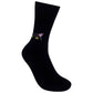 Mellow Monkey black cotton crew socks featuring a curious black cat face with yellow eyes and pink ears