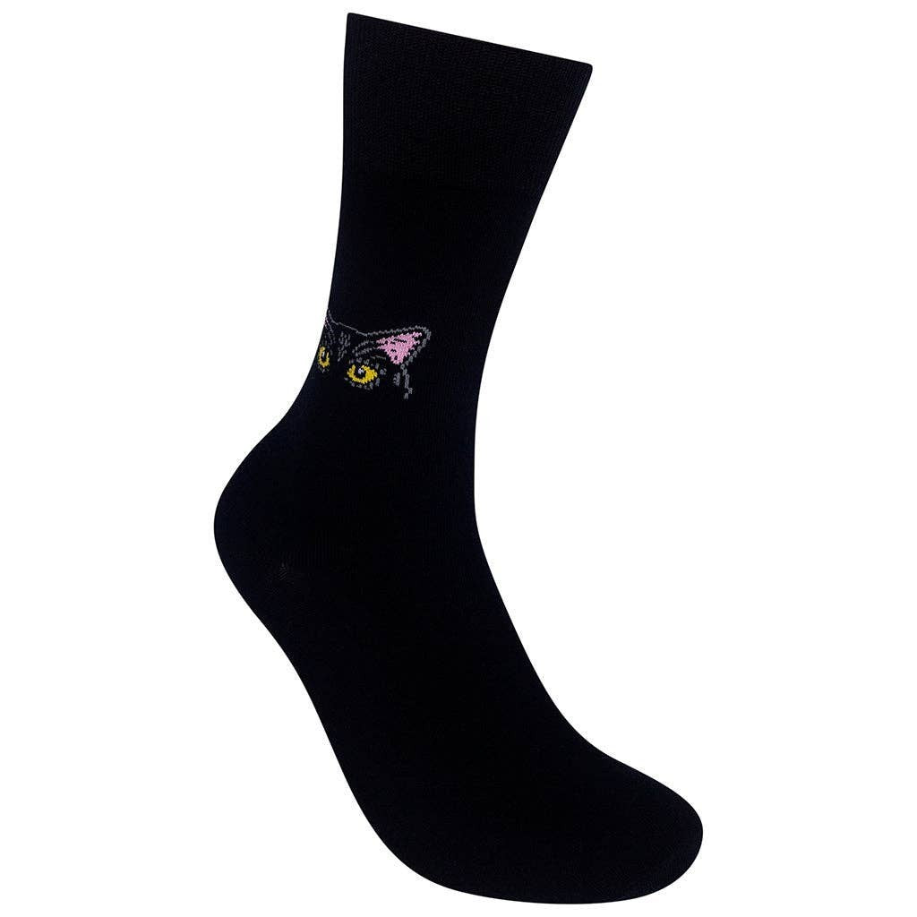 Mellow Monkey black cotton crew socks featuring a curious black cat face with yellow eyes and pink ears