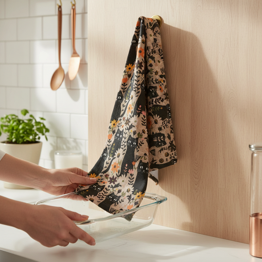 Mellow Monkey waffle dish towel with black cat and floral print hanging in a modern kitchen setting
