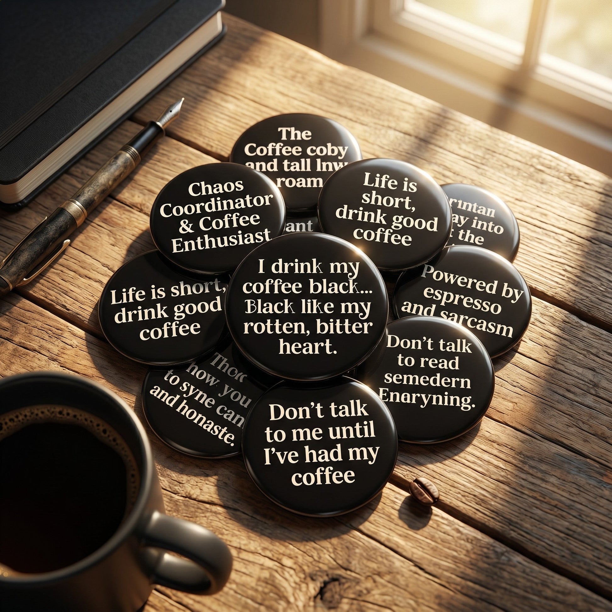 Mellow Monkey 1.25-inch round black pin-back buttons with white coffee-themed quotes on a rustic wooden desk.