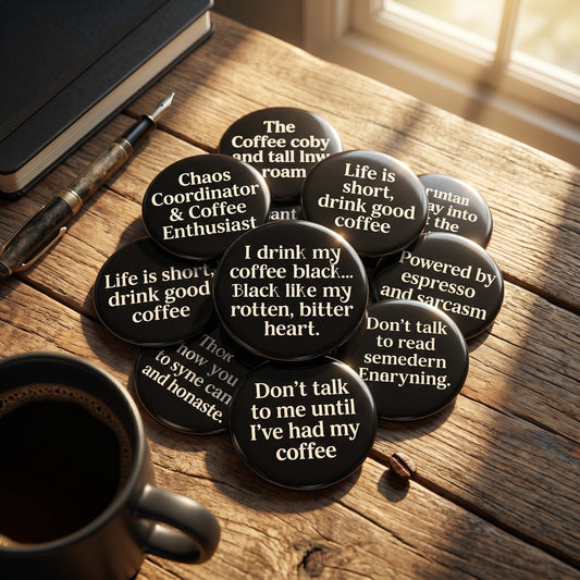 Mellow Monkey 1.25-inch round black pin-back buttons with white coffee-themed quotes on a rustic wooden desk.