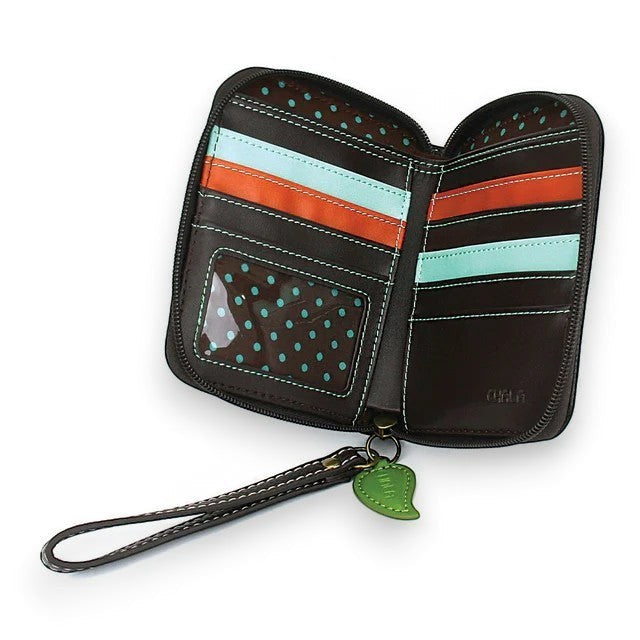 Mellow Monkey black faux leather zip-around wallet with dragonfly design, orange and blue striped interior, ID slot, and wrist strap.