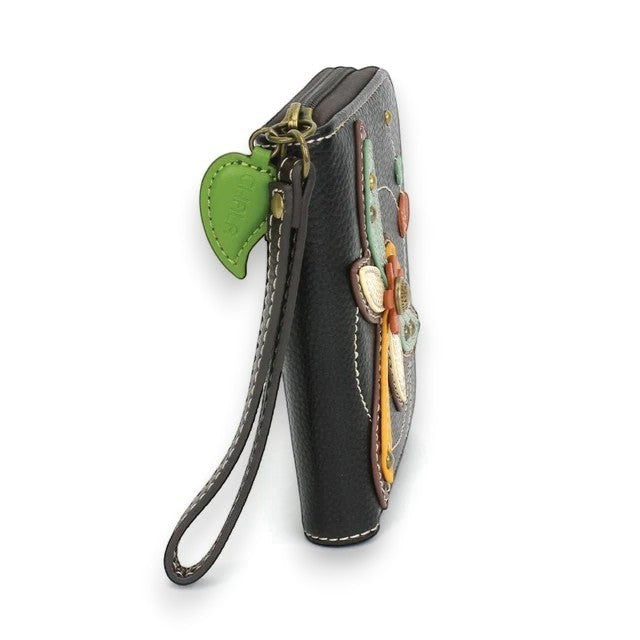 Mellow Monkey black faux leather zip-around wallet with dragonfly applique and wrist strap.