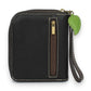 Mellow Monkey black faux leather zip-around wallet with dragonfly charm and decorative stitching. Features front and back zip pockets.