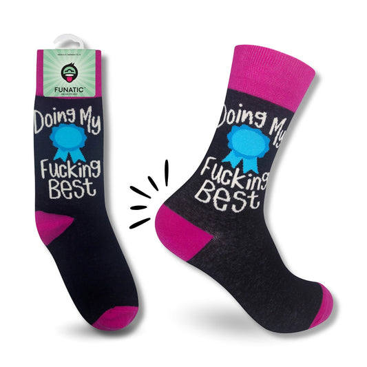 Mellow Monkey black crew socks with hot pink heels, toes, and cuffs featuring a blue ribbon and funny text