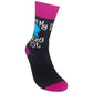 Mellow Monkey black crew socks with hot pink cuffs, heels, and toes, featuring a blue ribbon and funny text graphic.
