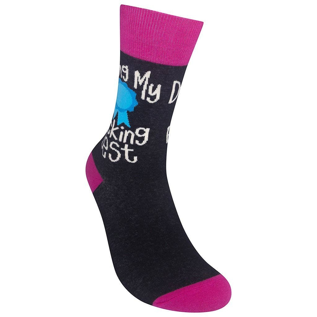 Mellow Monkey black crew socks with hot pink cuffs, heels, and toes, featuring a blue ribbon and funny text graphic.
