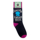 Mellow Monkey black crew socks with hot pink accents and a blue ribbon graphic saying Doing My Fucking Best