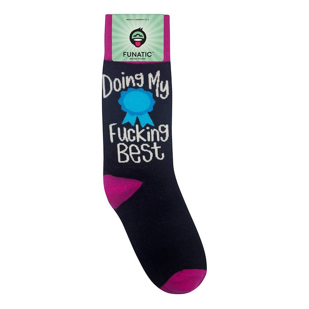 Mellow Monkey black crew socks with hot pink accents and a blue ribbon graphic saying Doing My Fucking Best