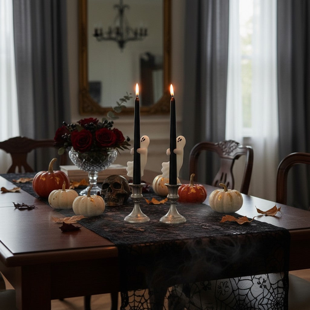 Mellow Monkey unscented black taper candles with white ghost accents on silver holders for Halloween table decor
