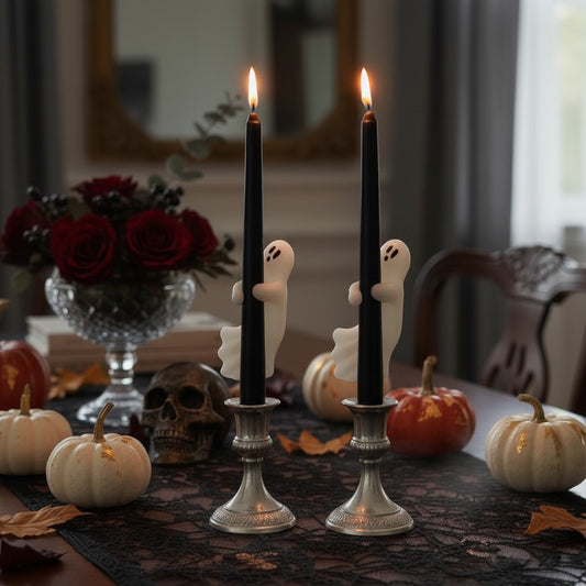 Mellow Monkey unscented black taper candles featuring white ghost accents, set in silver holders on a festive table.