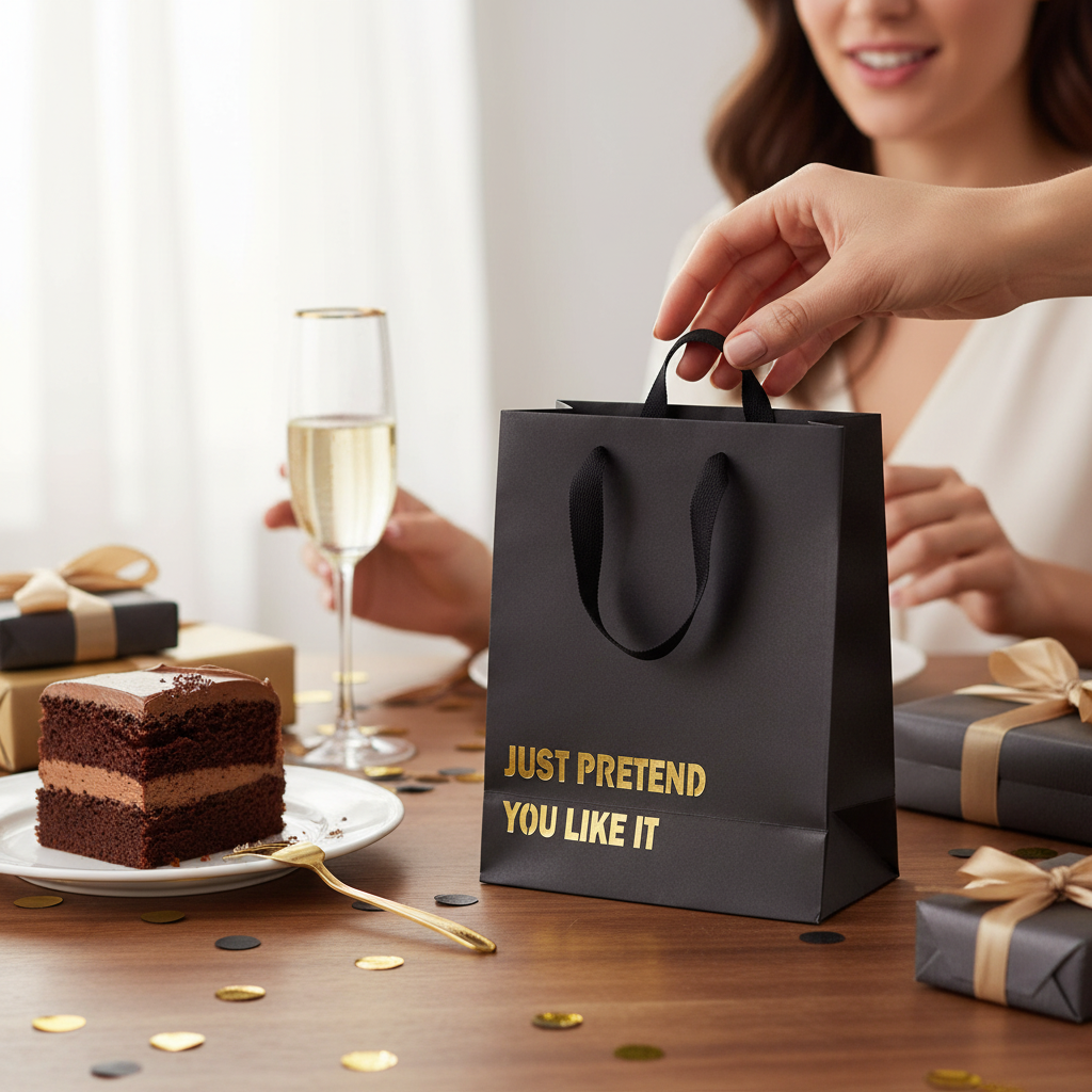 Mellow Monkey black heavy-duty gift bag with gold foil text Just Pretend You Like It and black cotton handles