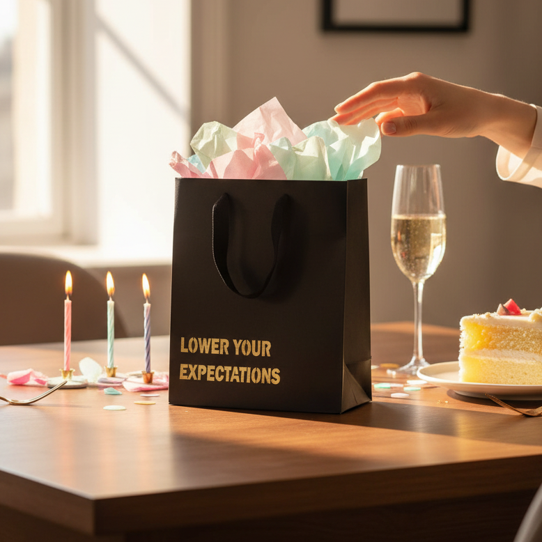 Mellow Monkey black kraft paper gift bag with gold foil text on a table with cake, candles, and a champagne glass.