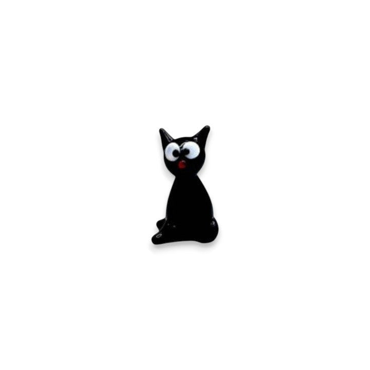 Mellow Monkey handblown black glass mini cat figurine with whimsical googly eyes and a tiny red nose.