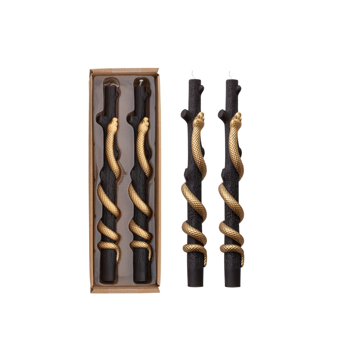 Mellow Monkey set of two unscented black twig-shaped taper candles featuring a decorative gold snake coiled around