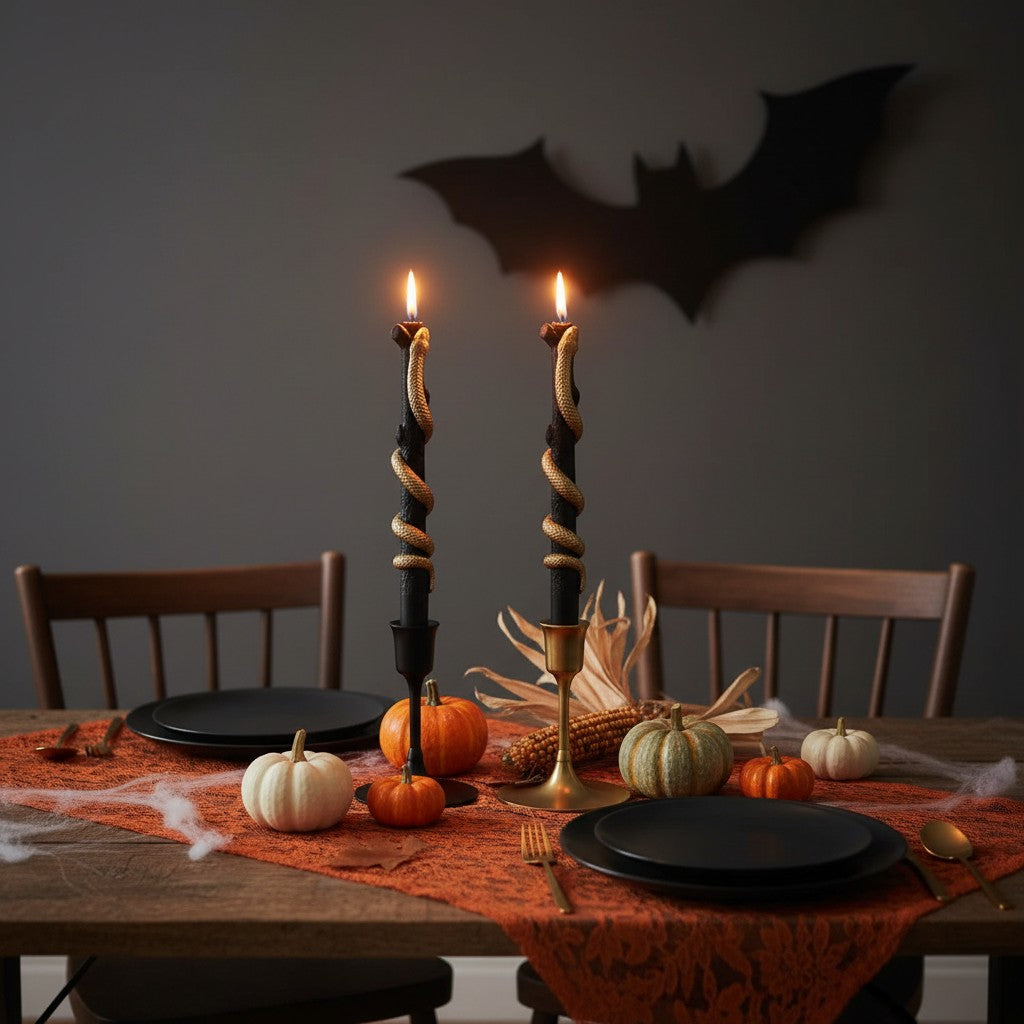 Mellow Monkey black and gold twig taper candles with snake detail, lit on a Halloween decorated dining table.