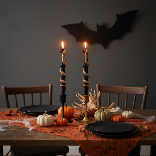 Mellow Monkey black and gold twig taper candles with snake detail, lit on a Halloween decorated dining table.