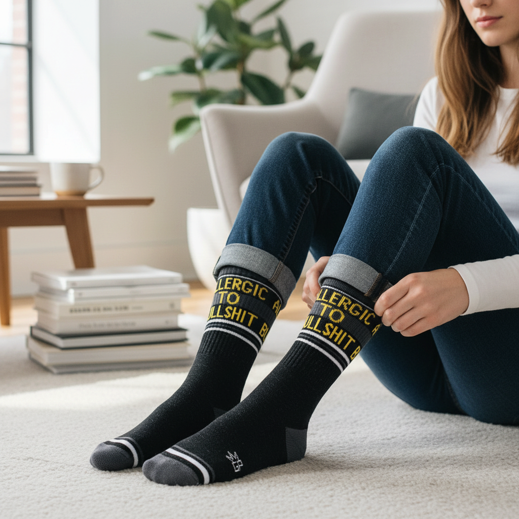 Mellow Monkey unisex black mid-calf gym socks with yellow Allergic To Bullshit text and white stripe details