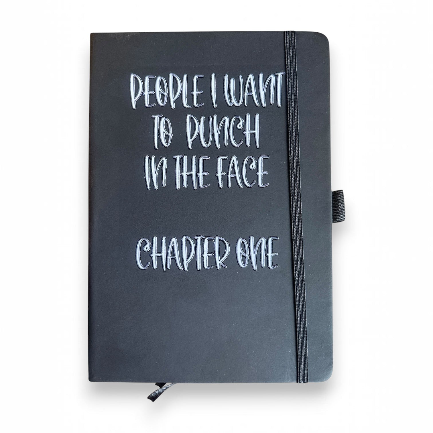 Mellow Monkey black lined journal with "People I Want To Punch In The Face. Chapter 1" text.