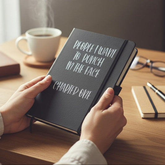 Mellow Monkey black lined journal, 8.4-in, with "People I Want To Punch In The Face Chapter One" text.
