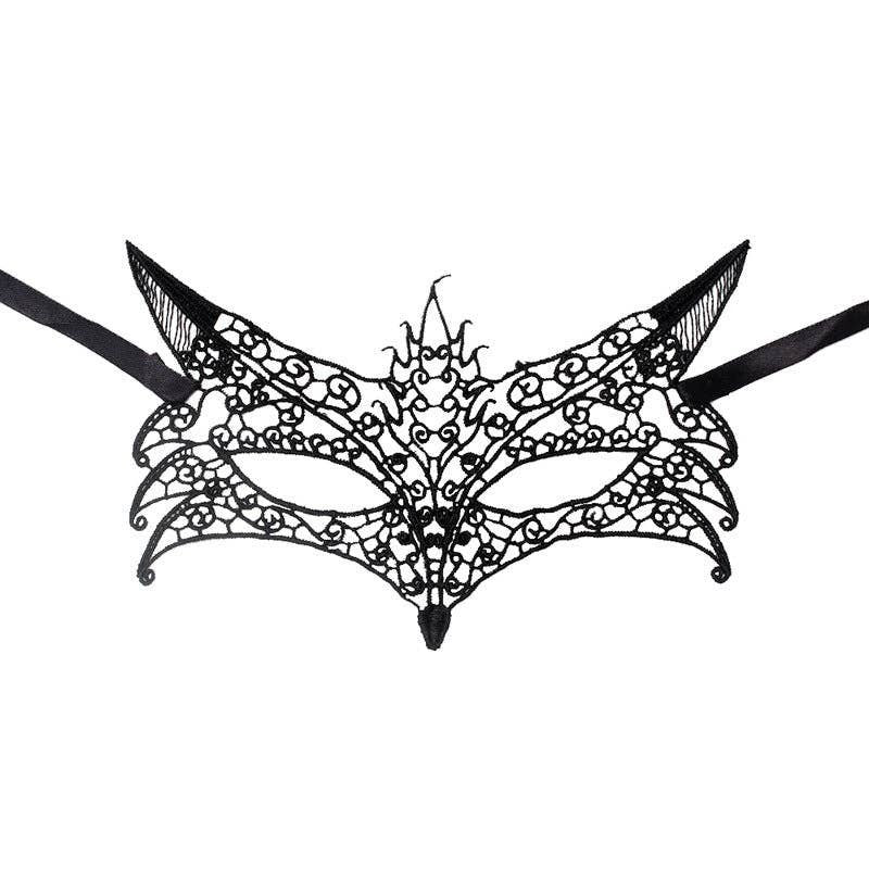 Mellow Monkey black lace fox masquerade mask with intricate filigree patterns and ribbon ties for costume parties.