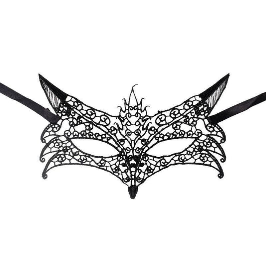 Mellow Monkey black lace fox masquerade mask with intricate filigree patterns and ribbon ties for costume parties.