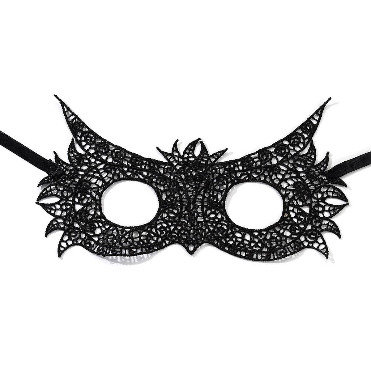 Mellow Monkey black lace owl half-face mask with intricate patterns for masquerade balls and Halloween costumes.